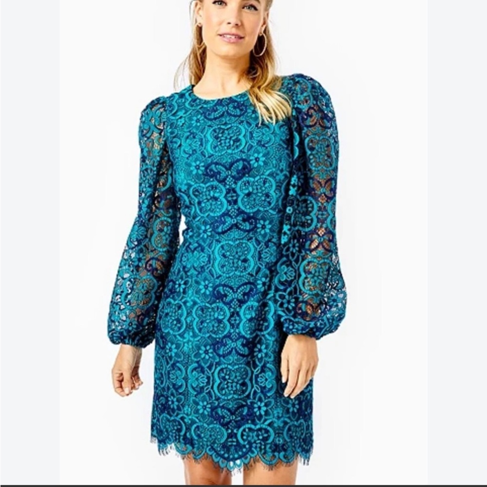 🔥Lilly Pulitzer Blue Lace Long-Sleeve Mini Dress Wedding Guest Cocktail